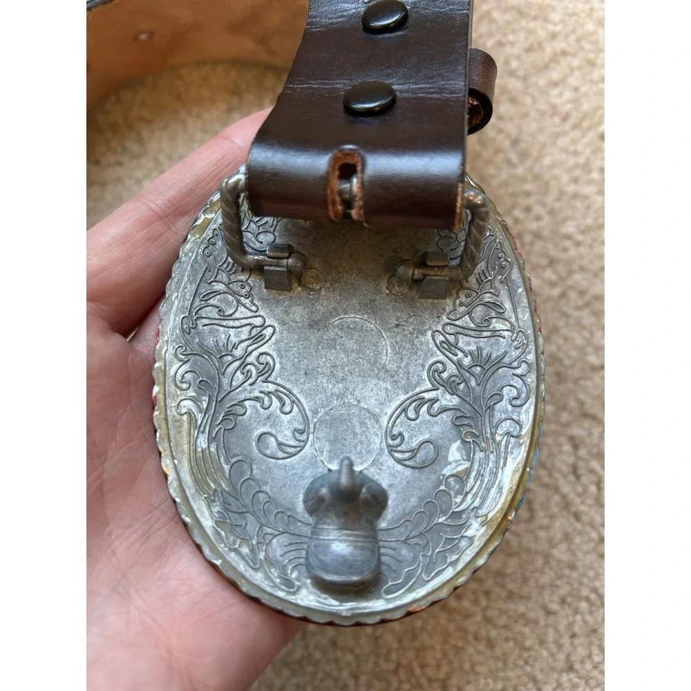 Tooled Leather Belt Butterfly Art Resin Buckle USA Bohemian L Psychedelic Pin Up